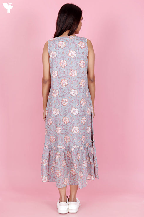 Mulmul Cotton Sleeveless Dress  In Block Print